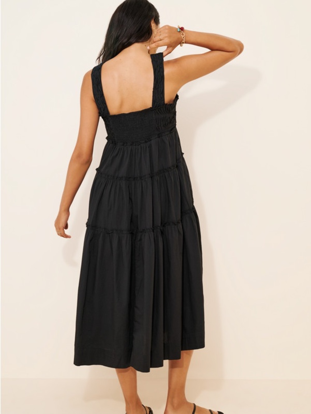 The Helena Square-Neck Tiered Midi Dress: Smocked Edition Black sz M - Picture 2 of 7